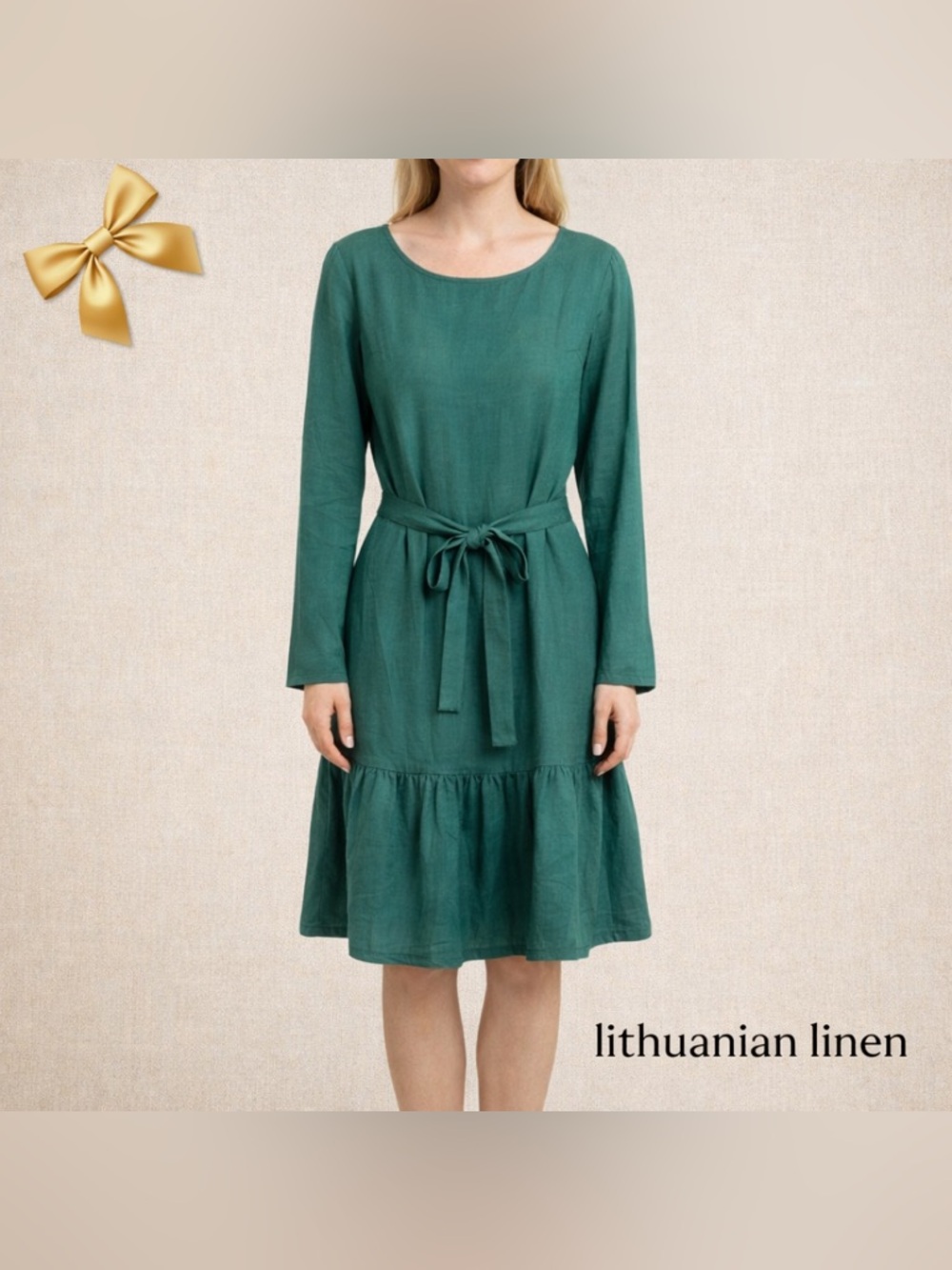 Lithuanian 100% Linen Belted Sea Green Dress Ruffle Medium